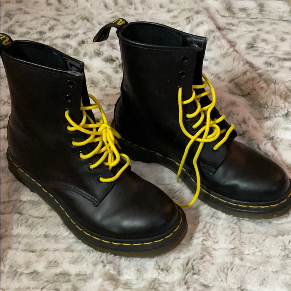 Dr. Martens Black Leather Combat Boots with Yellow Laces